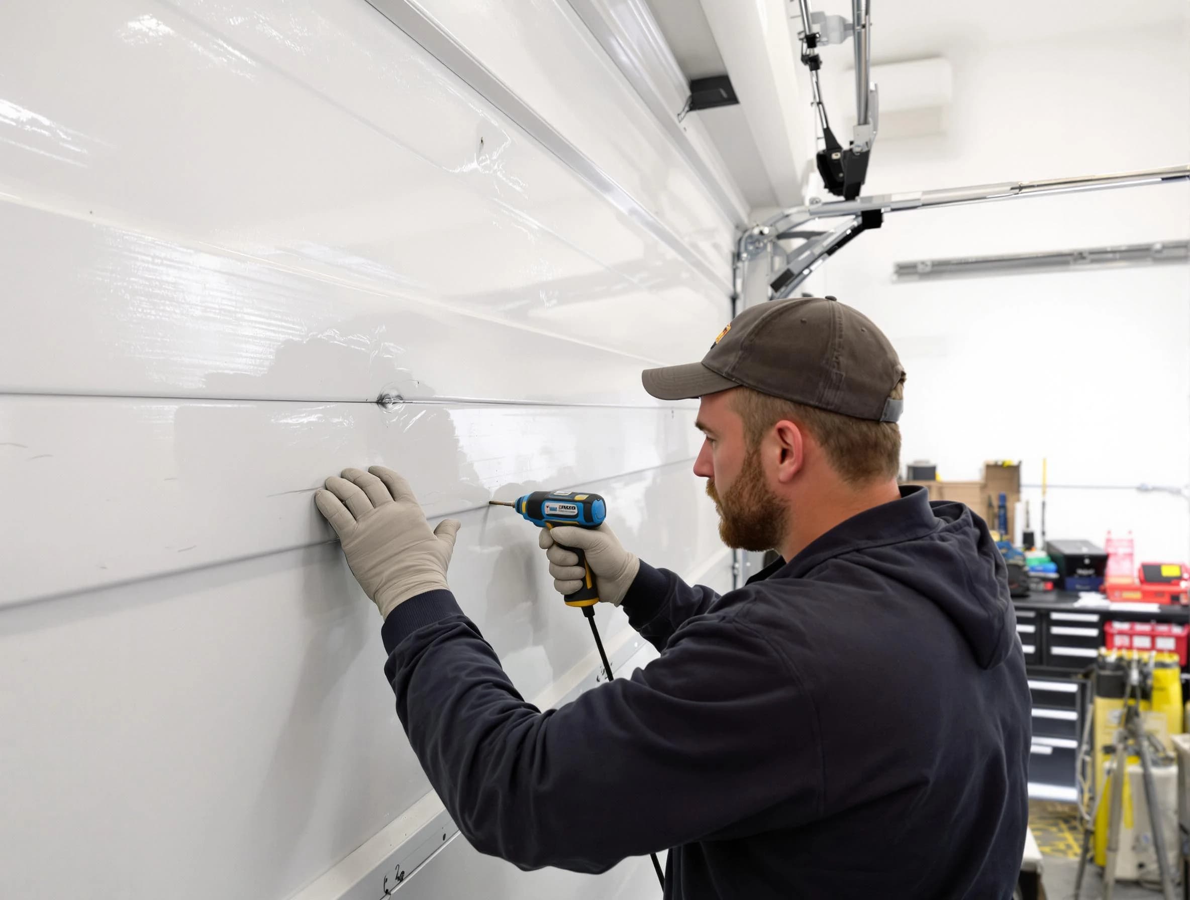 West Deer Garage Door Repair technician demonstrating precision dent removal techniques on a West Deer garage door