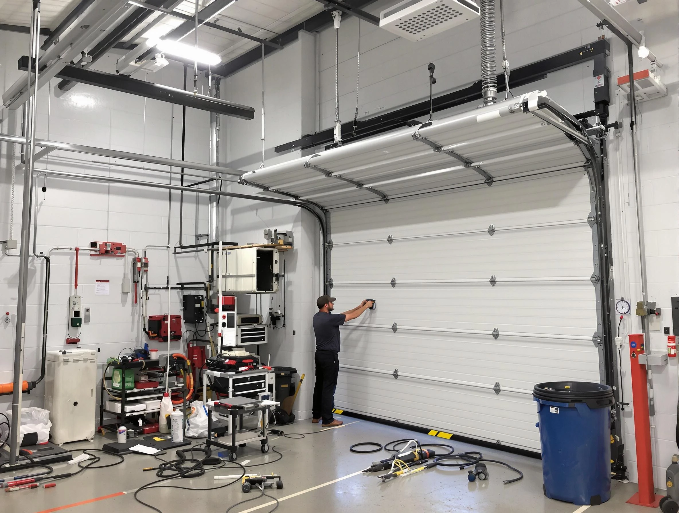 West Deer Garage Door Repair certified technician performing commercial door repair at a West Deer business facility